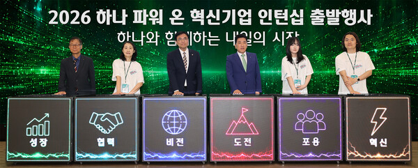이날 출발 행사에 참석한 함영주 하나금융그룹 회장(사진 왼쪽에서 네 번째), 권창준 고용노동부 차관(사진 왼쪽에서 세 번째), 정승국 한국사회적기업진흥원장(사진 왼쪽에서 첫 번째)이 '하나 파워 온 혁신기업 인턴십' 참가자들과 출발 행사 세리머니를 하고 있다. /하나금융그룹 제공
