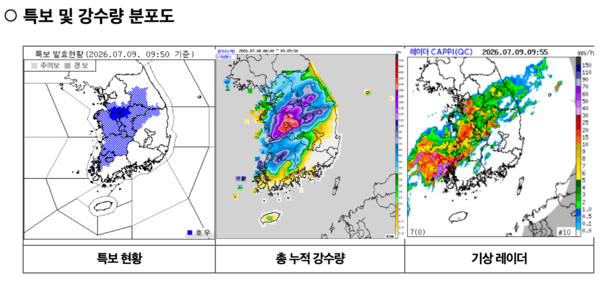 특보 및 강수량 분포도 /행정안전부