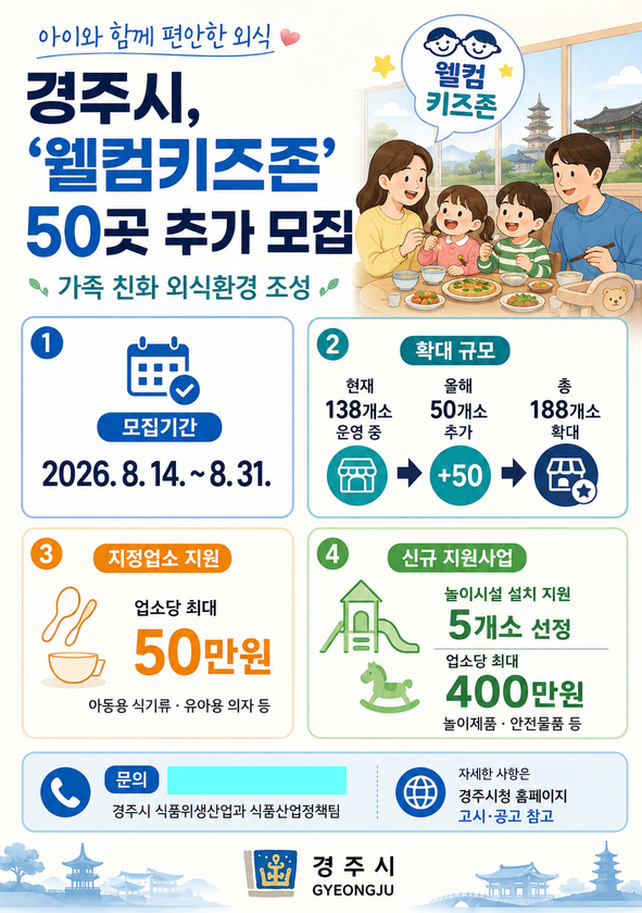 경주시는 ‘2026년 아동친화음식점 웰컴키즈존’ 참여업소를 오는 8월 31일까지 모집한다. /경주시청