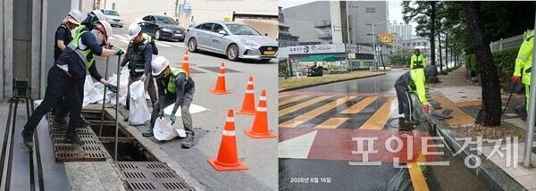 부산 해운대구 도로관리원들이 배수로 오물을 포대에 담아 옮기고 있는 모습과 16일 비 내리는 도로변에서 배수구를 정비하는 모습. /해운대구청