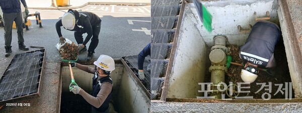 부산 해운대구 도로관리원들 맨홀 안으로 들어가 배수로에 쌓인 토사와 오물을 긁어내고 있다. /해운대구청