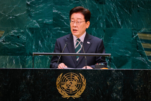 이재명 대통령이 22일(현지 시간) 미국 뉴욕 유엔 본부에서 열린 제81차 유엔 총회에서 기조연설을 하고 있다. /뉴시스