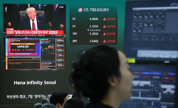 코스피가 전 거래일보다 23.55포인트(0.34%) 내린 에 개장한 1일 서울 중구 하나은행 딜링룸 전광판 /뉴시스